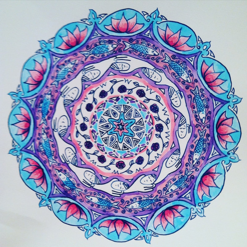 hand drawn pen and ink mandala with lotus flowers, faces, fish