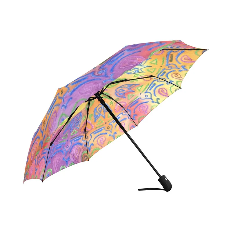 umbrella with hand-drawn mandala design, with hearts, flowers, rainbow colors