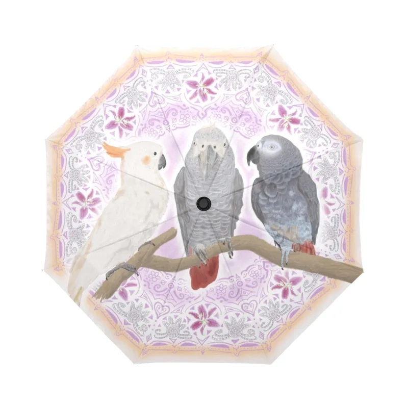 umbrella with mandala design gray parrots, cockatoo
