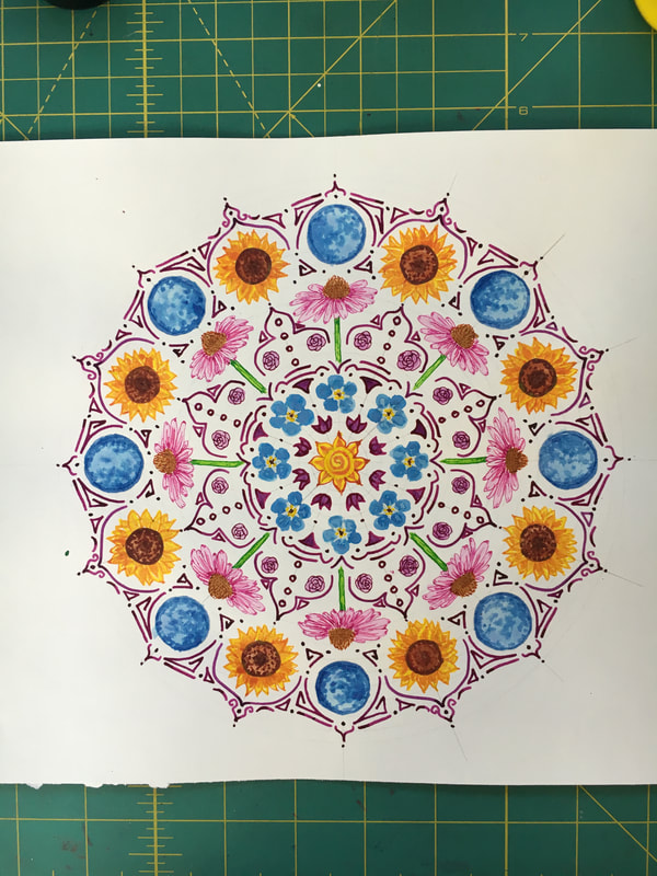 hand drawn pen and ink mandala with sunflowers, moon, echinacea, 