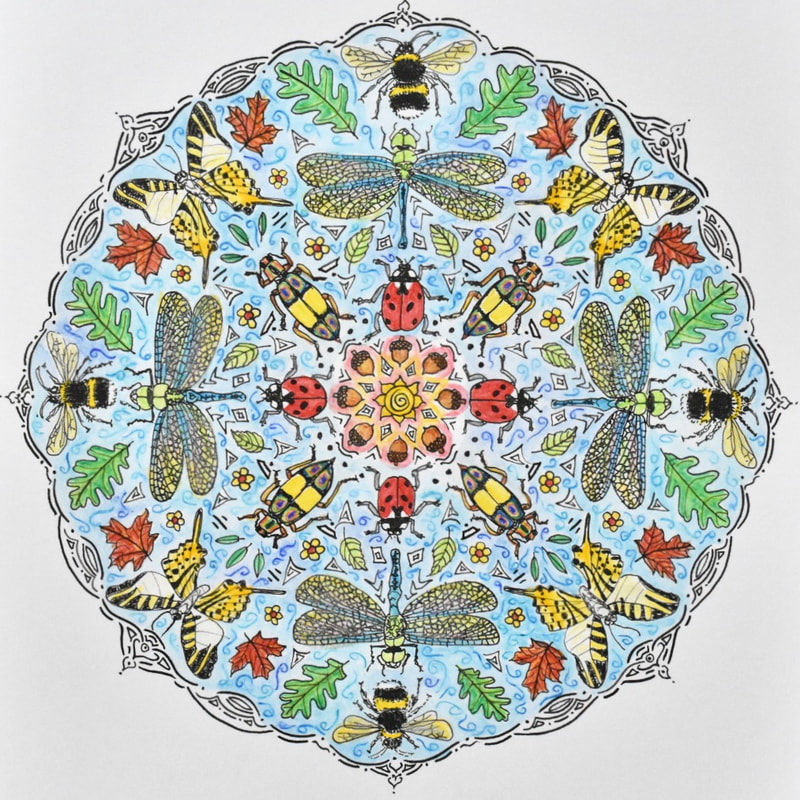 hand drawn pen and ink mandala with insects such as bees, dragonflies, ladybugs, butterflies, beetles