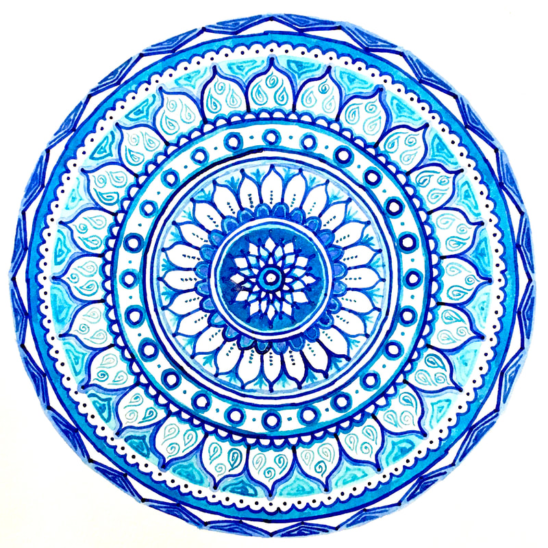 hand drawn pen and ink mandala with flowers in blue