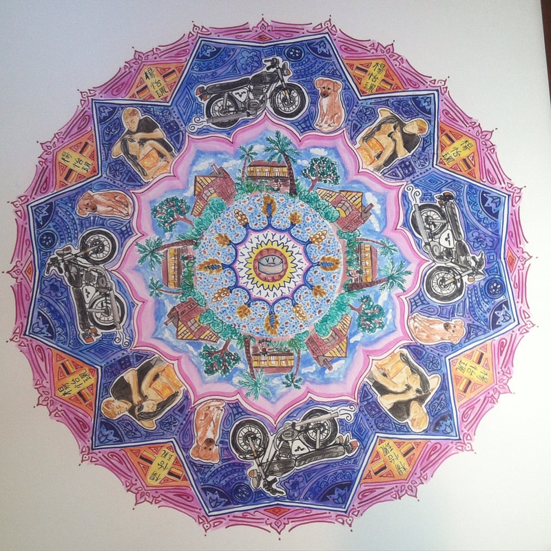 hand drawn pen and ink mandala with motorcycles, houses, people, wedding ring