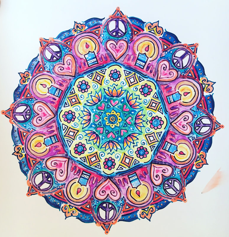 hand drawn pen and ink mandala with peace signs, hearts, candles, flowers