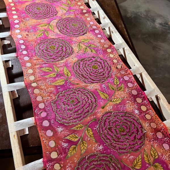 hand-painted silk scarf work in progress with peonies, wax, salt
