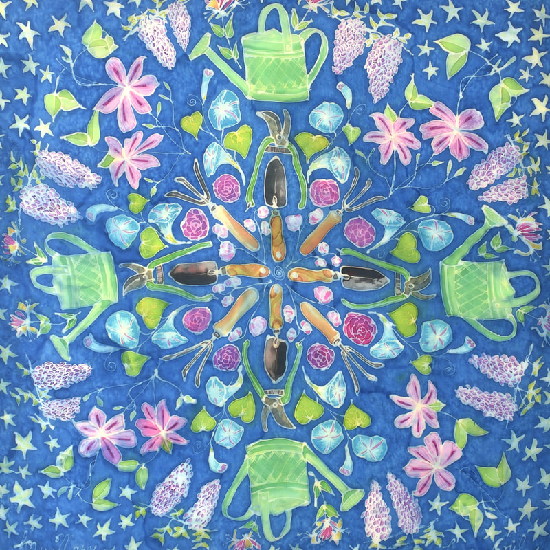 hand painted vining flowers garden mandala on silk scarf with watering can, trowel, clematis, wisteria, sweet pea, morning glory