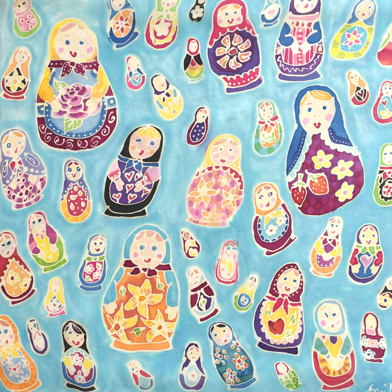 hand painted matryoshka dolls on silk scarf