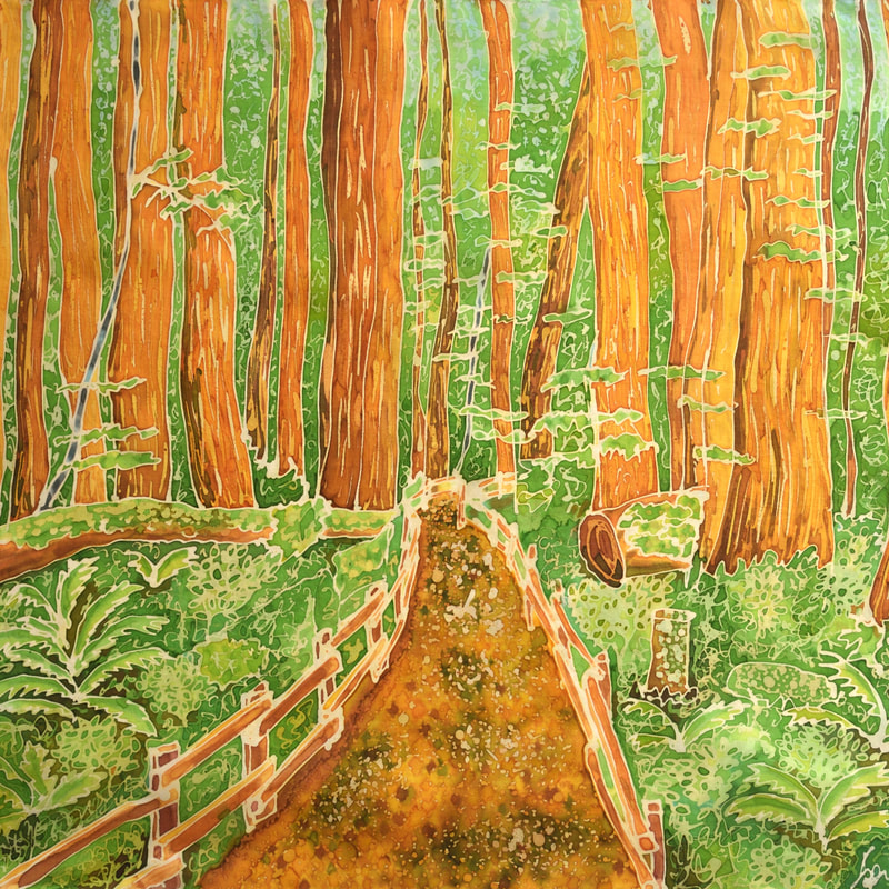hand painted batik silk scarf with redwood forest and path